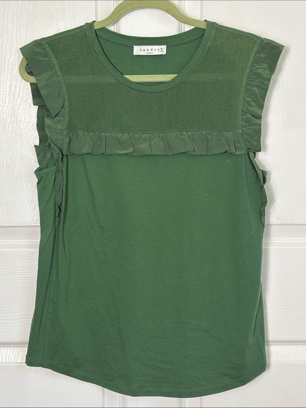 Sandro Paris Green Ruffle Detail Women's Top Cotton with Silk accents Sz 2/ Sz M